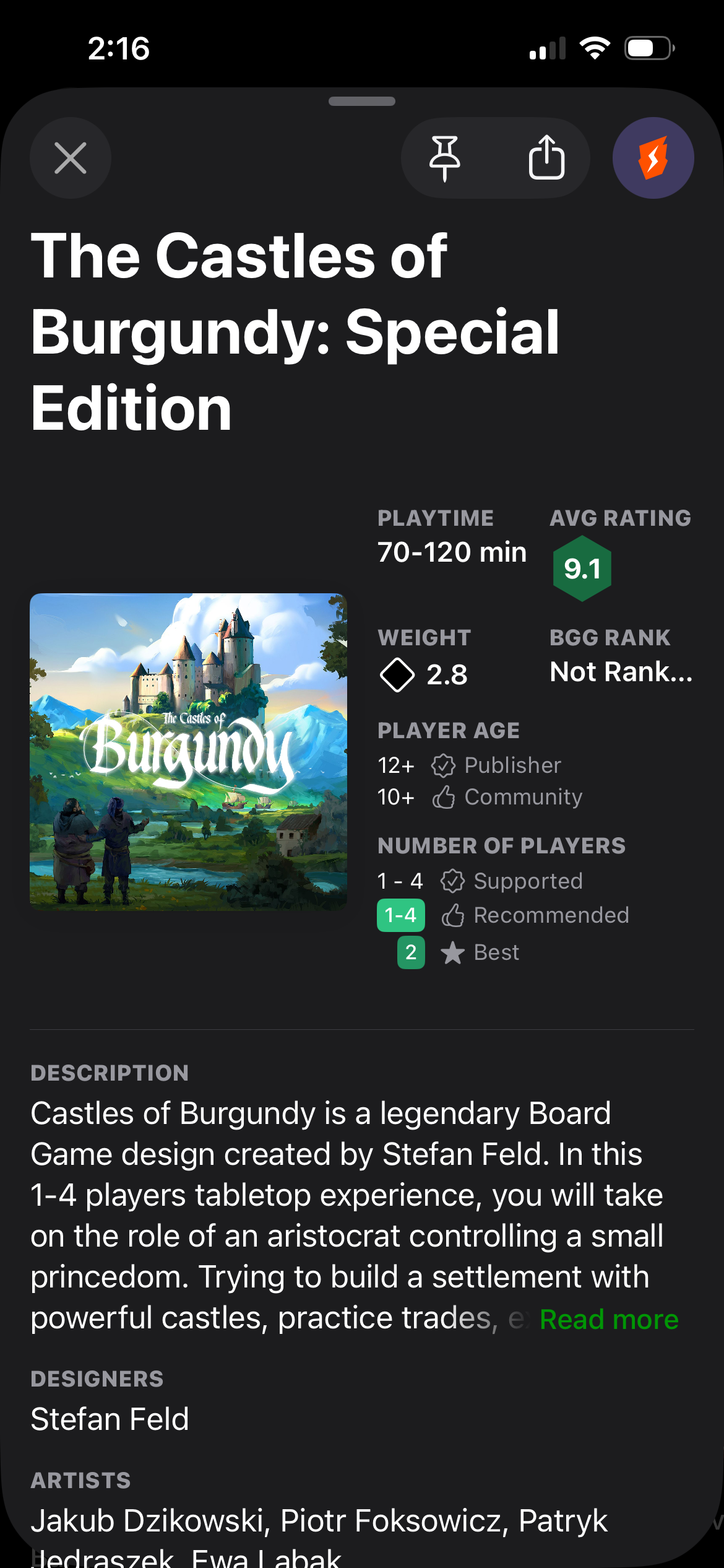 App detail screen for castles of burgundy special edition